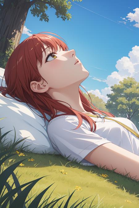 09914-2261295933-masterpiece, best quality, highly detailed, 1girl, laying, outdoor, looking up, looking at sky, blue sky, cloud, laying in the g.png
